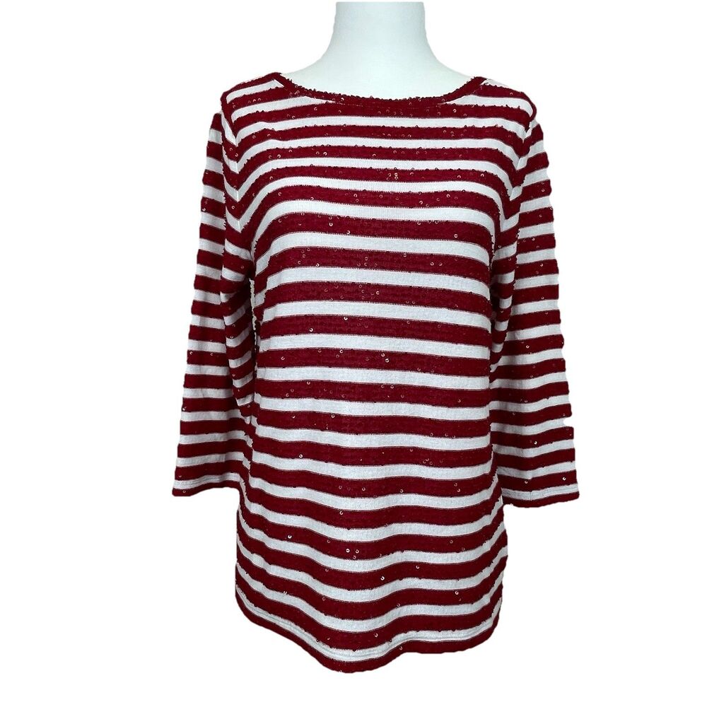 Talbots Red White Sequins Striped Crew Neck Top 3/4 Sleeves Christmas Holiday-Mp